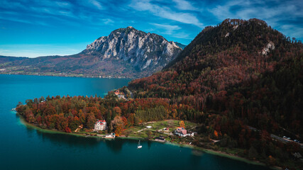 Wall Mural - Aerial View of Attersee in Autumn, Scenic Lake and Village Landscape in Upper Austria, Salzkammergut