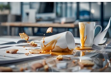 Wall Mural - a chaotic scene, a coffee cup has tipped over, with the coffee spilling out and staining the surrounding paperwork.