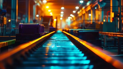 Industrial conveyor belt in a factory with vibrant lighting, highlighting the machinery and production line. Focus on the belt's texture.
