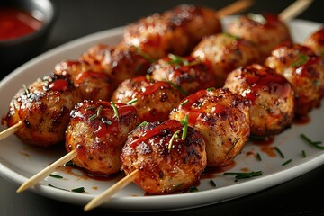 Wall Mural - A plate of meatballs with sauce and skewers