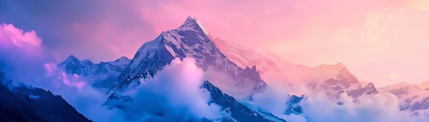 Breathtaking mountain peak surrounded by vibrant pink and purple hues, enveloped in soft clouds, creating a surreal and serene landscape.