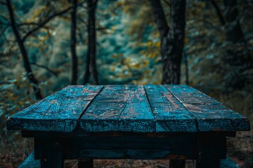 An empty rustic wooden plank table top with a blurred background of a lush jungle, providing ample copy space