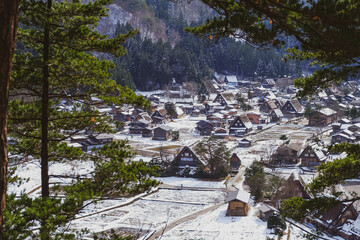 Shirakawa-go in winter, snow falling over the ground, house, historic village in valley, Japan.