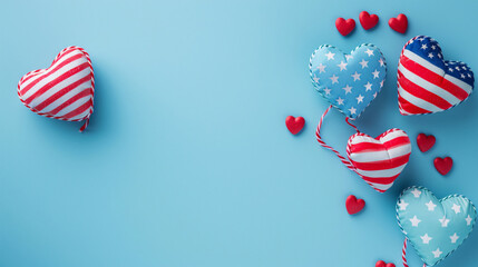 Poster - hearts adorned with the american flag, set against a pastel blue backdrop with a blank space for text or advertising with copy space 4th of july independence day concept celebration