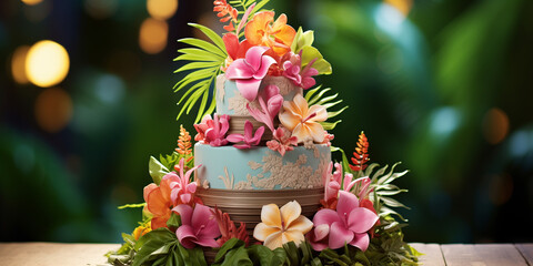 A tropical paradise birthday cake with palm leaves and exotic flowers, brilliantly captured with a stunning background in HD. 
