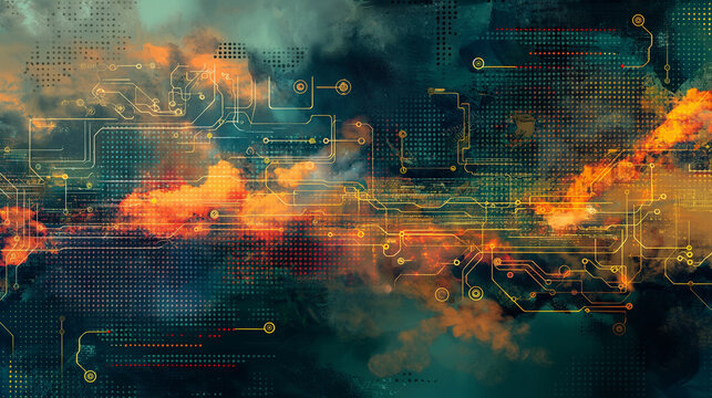 neural networks, data flow diagrams and cloud computing symbols blend seamlessly together on an abstract background, depicting the symbiotic relationship between artificial intelligence