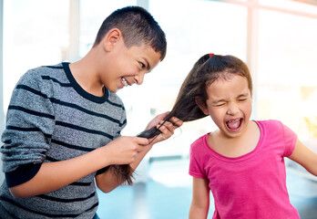 Children, sibling and boy pulling hair for prank, anger and girl crying with pain at home in living room. Young, fight and rough playing in house, apartment or bullying of kids as mischief of brother