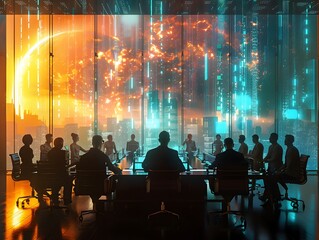 Futuristic Boardroom Meeting with Holographic Strategies Leaders Discuss Corporate Innovation and Growth