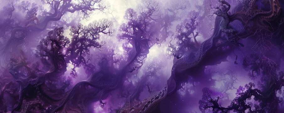 Craft a mesmerizing aerial view of a mystical forest with swirling purple mists enveloping ancient trees and casting ethereal glows on hidden creatures