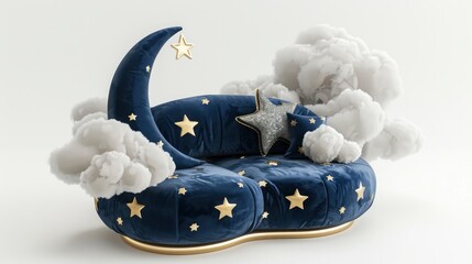 Poster - 3d sofa in the shape of moon and stars, blue color with golden details, white clouds around it