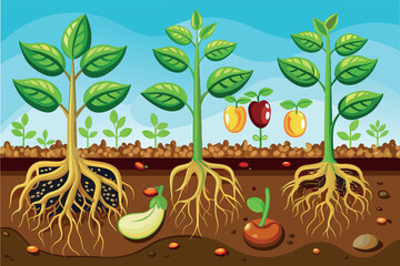 Wall Mural -  Three stages of plant growth, showing the development from seed to mature plant.  This image is interesting because it visualizes the life cycle of a plant at different stages, 