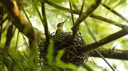 Wall Mural -   A bird perched atop a nest within a verdant tree, adjacent to a lush leafy branch