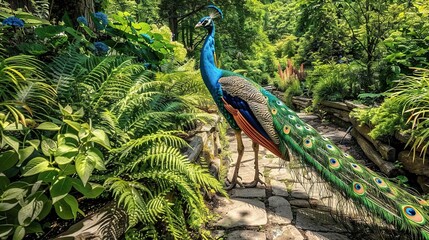 Wall Mural -   A peacock perched on a stone walkway amidst a verdant forest brimming with numerous trees and vegetation