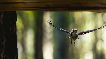 Wall Mural -   A bird flying near a wooden structure amidst a dense forest with numerous trees as the backdrop