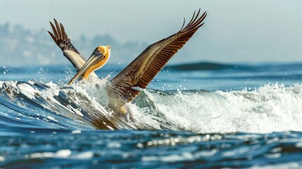 Sticker -   A brown pelican gracefully glides onto a wave with outstretched wings, while keeping its gaze above the water