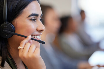 Wall Mural - Call center, close up and woman with smile, headphone and communication in office. Happy, telemarketing agent and discussion in workplace for deal, consulting and technology for customer service