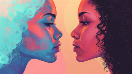 Wall Mural - A contemporary illustration representing acceptance and tolerance, featuring two individuals of different races, highlighting racial diversity and the importance of multicultural understanding.
