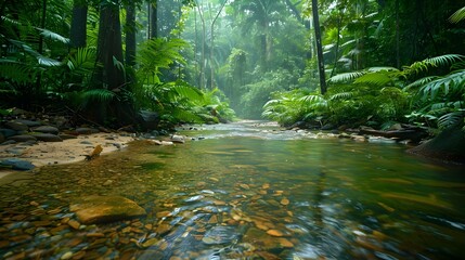 Canvas Print - Lush green forest with clear flowing stream symbolizing the importance of preserving natural water sources for environmental conservation