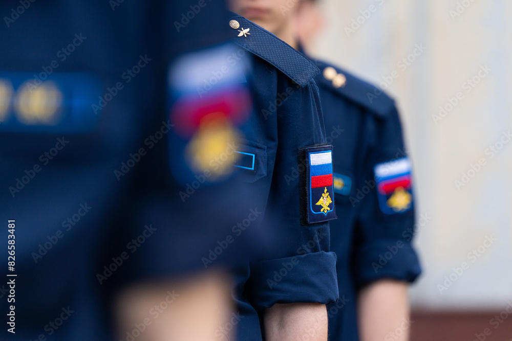 Russian soldiers. Military formation of Russian military personnel close-up. Formation of young military personnel of the Russian army.