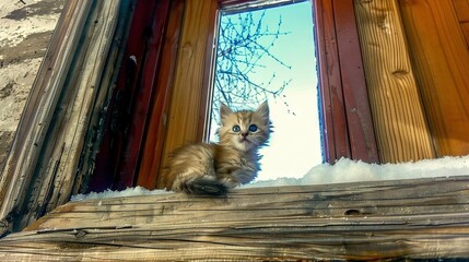 Wall Mural -   A tiny kitten perched atop a wooden window sill