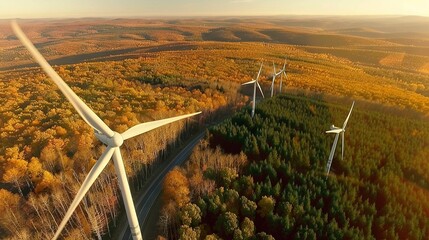 Poster -   A panoramic image of multiple wind turbines set amidst a dense forest, with trees framing the foreground and a road visible in the distance