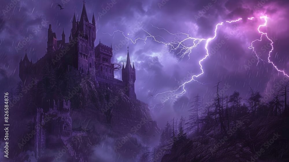 Gothic castle on a cliff with lightning in the background, Horror ...