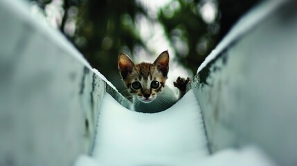 Sticker -   A tiny kitten peeks from behind the fence in the snow, eyes wide open, gazing at the camera