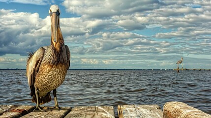 Wall Mural -   A pelican stands atop a waterfront dock amidst a cloudy backdrop