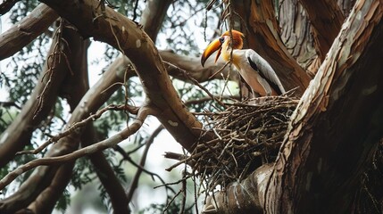 Wall Mural -   A bird perched on a tree branch above a nest containing a protruding bird head