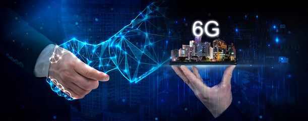 Wall Mural - businessman holding smartphone with map point global network connection 6g.