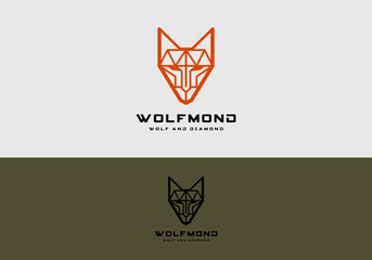 Wall Mural - Premium vector line art wolf with diamond combination logo design	
