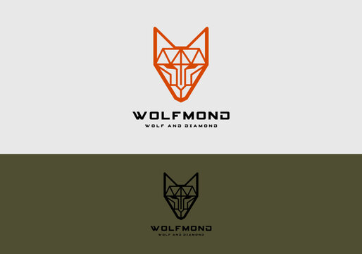Premium vector line art wolf with diamond combination logo design	

