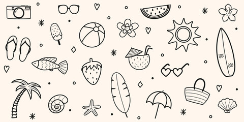 Wall Mural - Cute hand drawn summer icon set. Background with holiday elements. Vector illustration