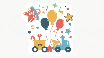 Wall Mural - A colorful sticker with a car, balloons, and stars