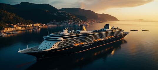 Wall Mural - Luxury mediterranean cruise ship at sunset. High-quality liner for luxury vacation. No logos.