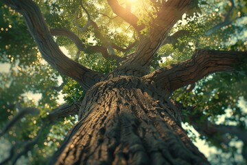 Looking up at the top of a very tall tree with green leaves and branches reaching out towards the sun.