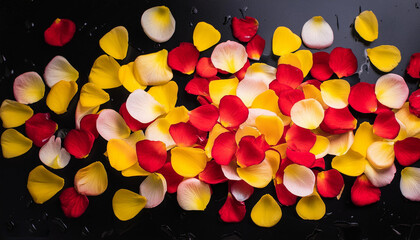 Sticker - red and yellow flower petal scattered on black background 