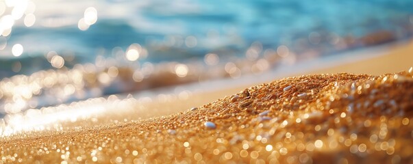 Close up of golden sand and gravel on blue wave sea beach seashore with white foam and water splash, nature background, summer time, summer holiday, travel and fun time, panorama.