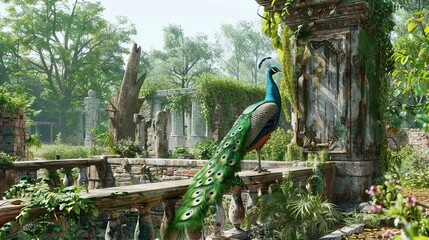 Wall Mural -   Peacock perched on wooden bench amidst lush green forest brimming with trees and foliage