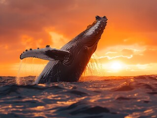 Wall Mural - Majestic Humpback Whale Breaching the Ocean Surface at Dramatic Sunset