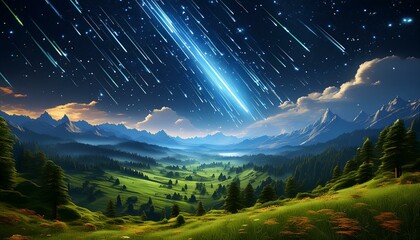Wall Mural -  A spectacular meteor shower in a starry sky above a remote valley