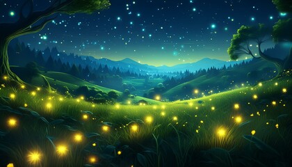 Wall Mural - A twilight scene with sparkling fireflies illuminating a lush green meadow. The softly blur