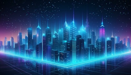 Wall Mural -  An urban night scene with skyscrapers and buildings sparkling with lights. The sky and upper 