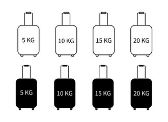 Baggage suitcase and different weight signs icons set vector isolated. Outline icons and black silhouettes. Cabin luggage graphic elements