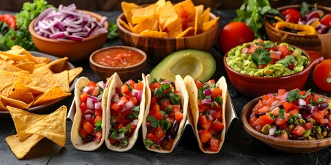 Wall Mural - Vibrant Mexican spread with classic dishes like tacos salsa guacamole and chips. Concept Mexican Cuisine, Tacos, Salsa, Guacamole, Chips