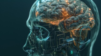 Poster - Illustration of a human head with a luminous brain representing digital concept.