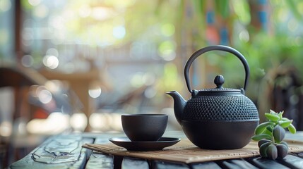 Wall Mural - Black iron teapot with tea cup on the table