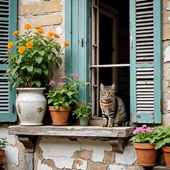 A tabby cat sits on a weathered window ledge with open teal shutters, surrounded by various potted plants in bloom