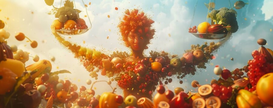 Surreal artwork of a human figure made of various fruits and vegetables, representing abundance and health in a vibrant, imaginative scene.