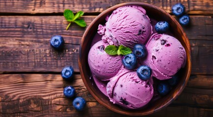 Canvas Print - Bowl with scoops of blueberry ice cream on a wooden table, top view.